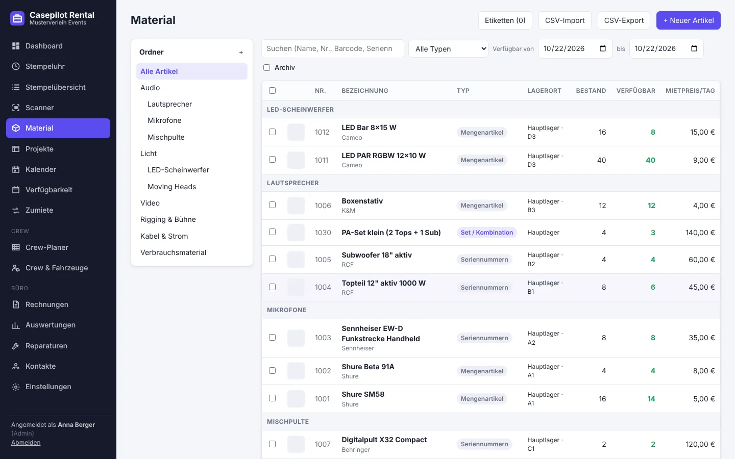 Materialliste mit Beständen und Verfügbarkeit